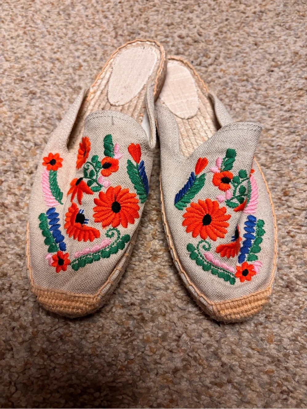Beige Slip-On Floral Embroidered Women Espadrilles